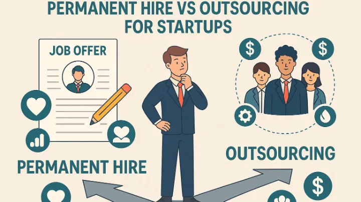 Illustration comparing permanent in-house hiring and outsourcing manpower for startups, highlighting flexibility, cost, expertise, and team alignment factors – atsMantra Reads